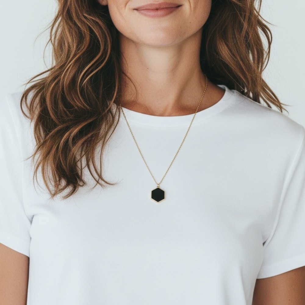 Gold Hexagon Pendant Necklace with Black Inset